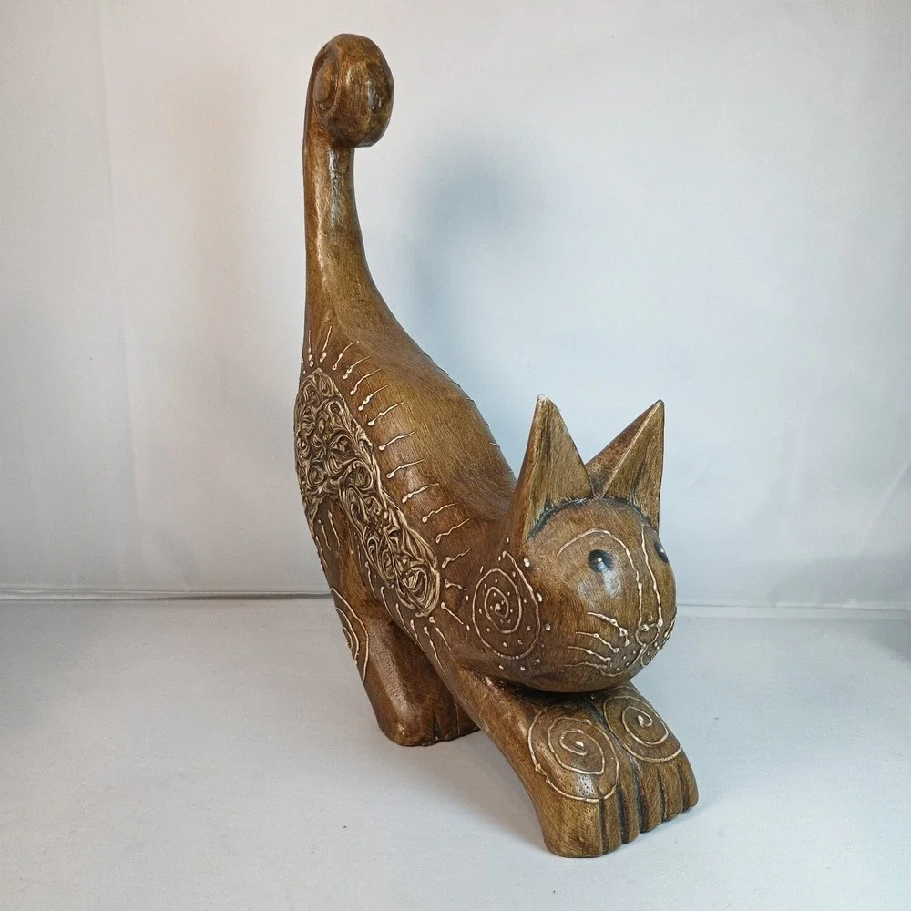 Vintage Hand Carved Wood Stretching Cat Feline From Indonesia 10.5
